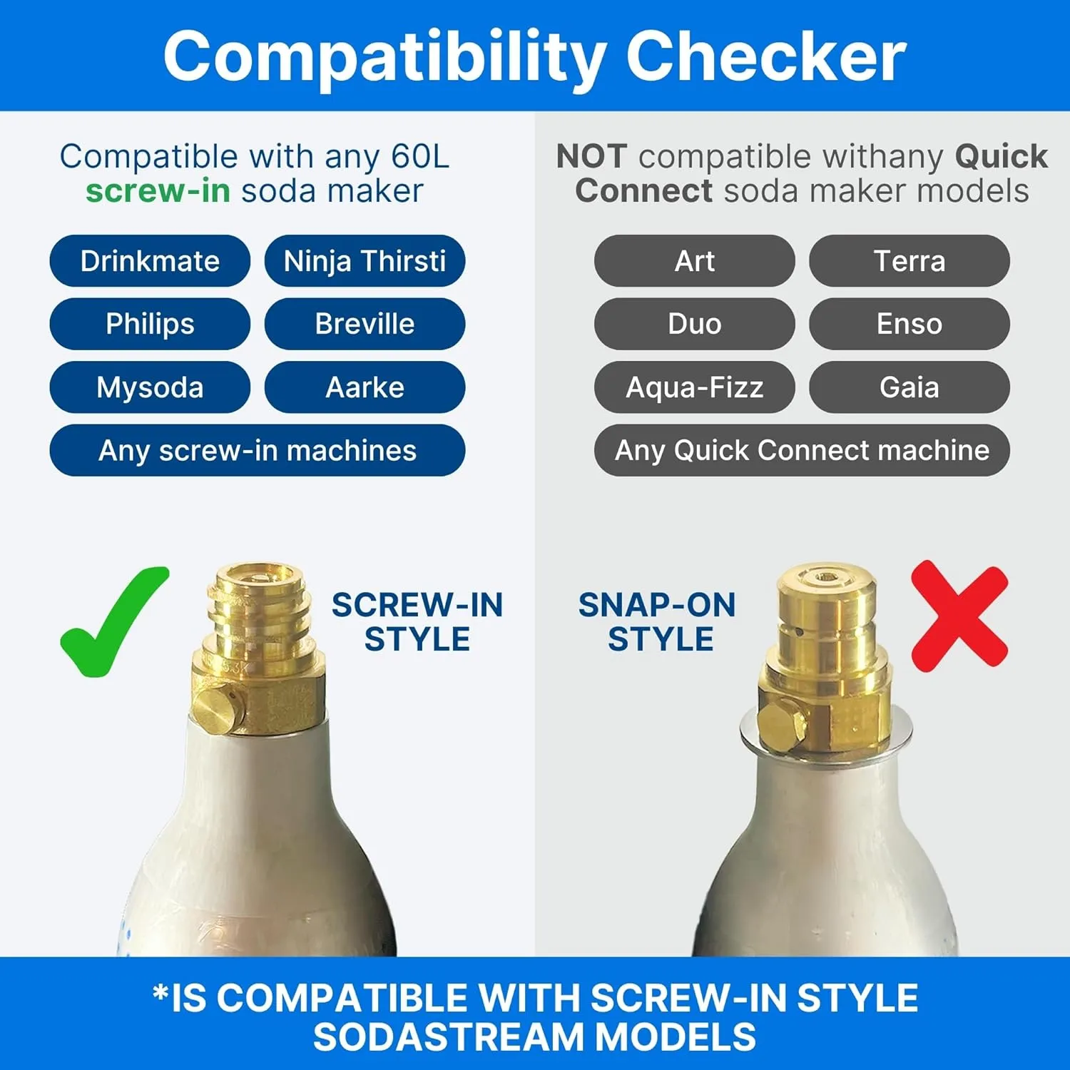 Soda Sense 60L Threaded Full Refillable CO2 Canister 1 Pack, Compatible w/All Threaded 'Screw-In' Soda Makers Including SodaStream [Excludes Quick Connect machines like ART, TERRA ENSO, and DUO]