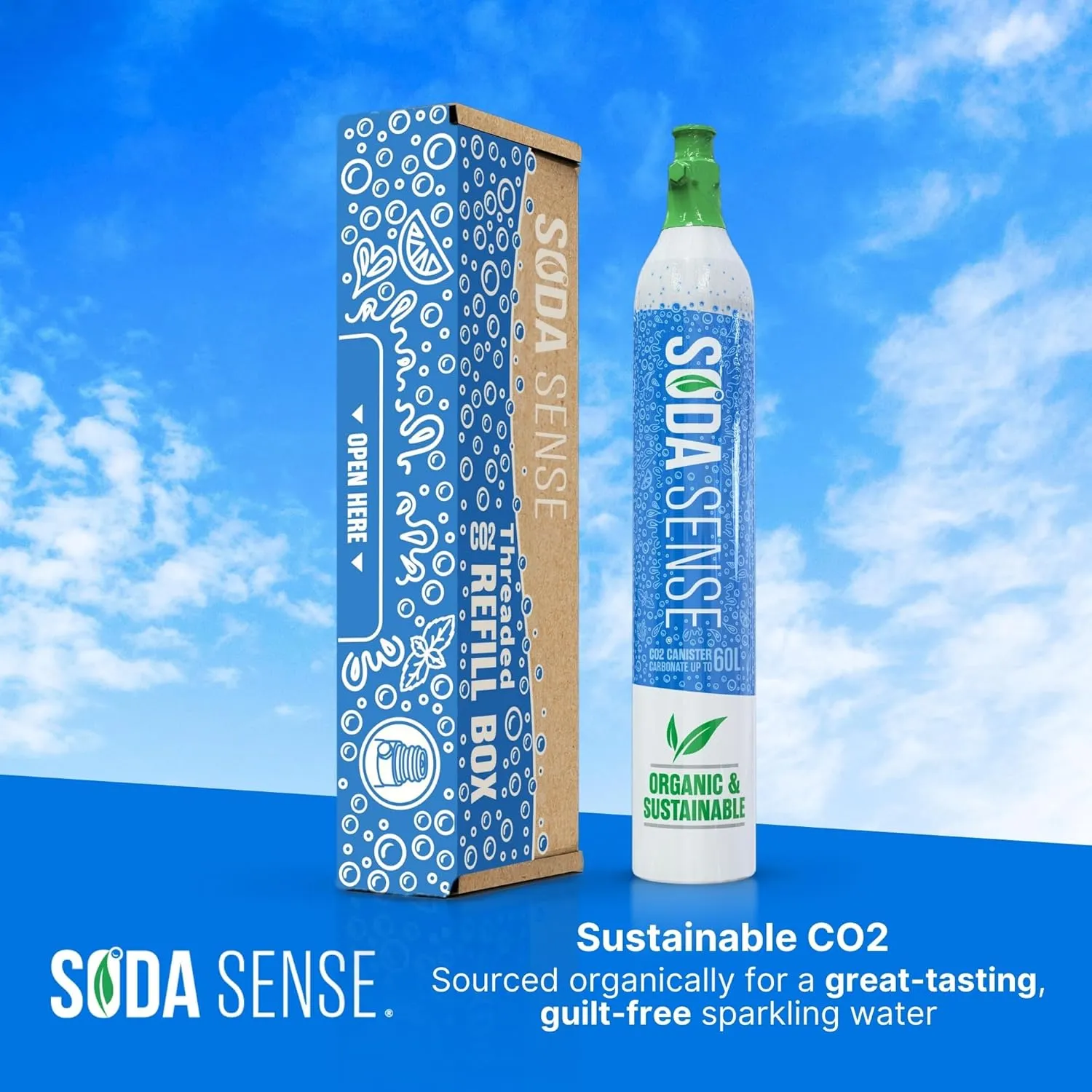 Soda Sense 60L Threaded Full Refillable CO2 Canister 1 Pack, Compatible w/All Threaded 'Screw-In' Soda Makers Including SodaStream [Excludes Quick Connect machines like ART, TERRA ENSO, and DUO]