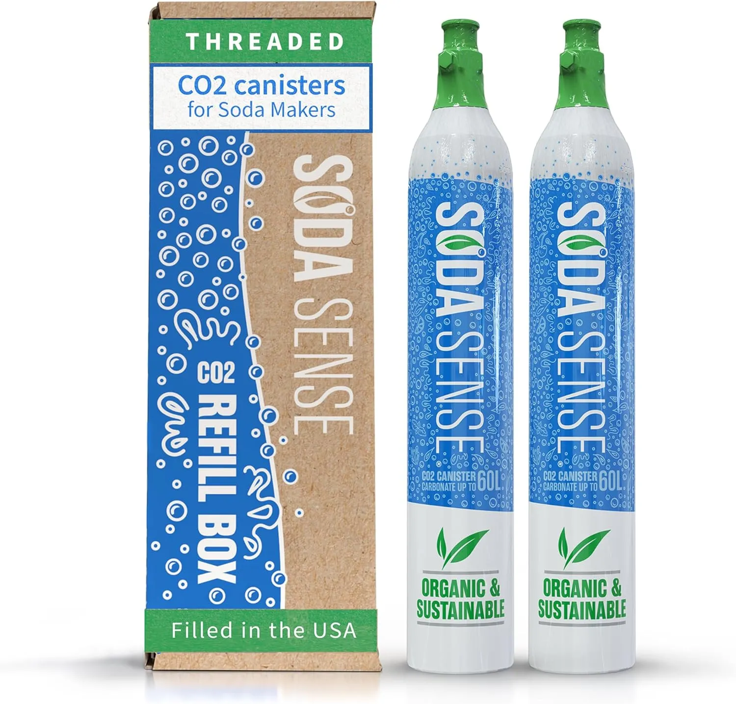 Soda Sense 60L Threaded Full Refillable CO2 Canister 2 Pack, Compatible w/All Threaded 'Screw-In' Soda Makers Including SodaStream [Excludes Quick Connect machines like ART, TERRA ENSO, and DUO]