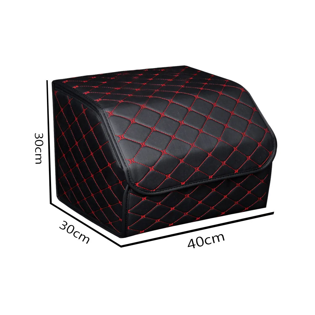 SOGA 4X Leather Car Boot Collapsible Foldable Trunk Cargo Organizer Portable Storage Box Black/Red Stitch Medium