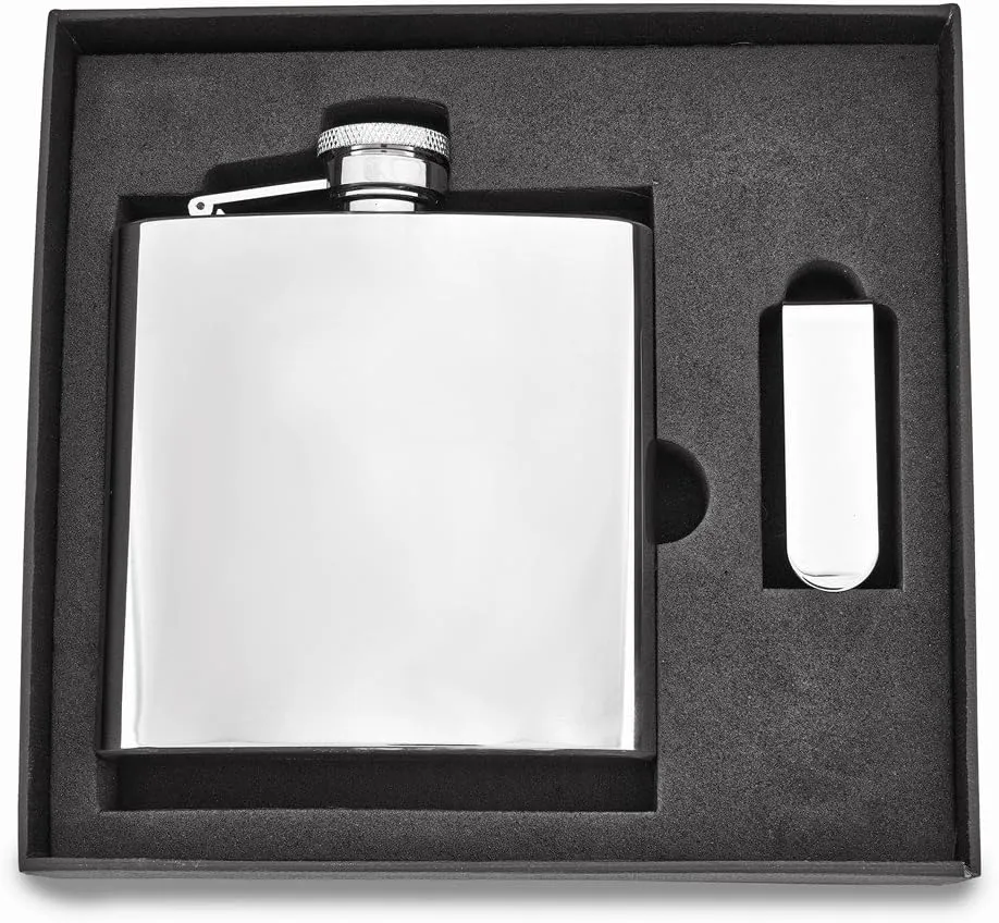 Solid 6 Oz. Stainless Steel Flask and Money Clip Gift Set
