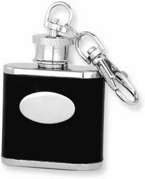 Solid Black Faux Leather Stainless Steel 1oz Key Ring Flask 2"