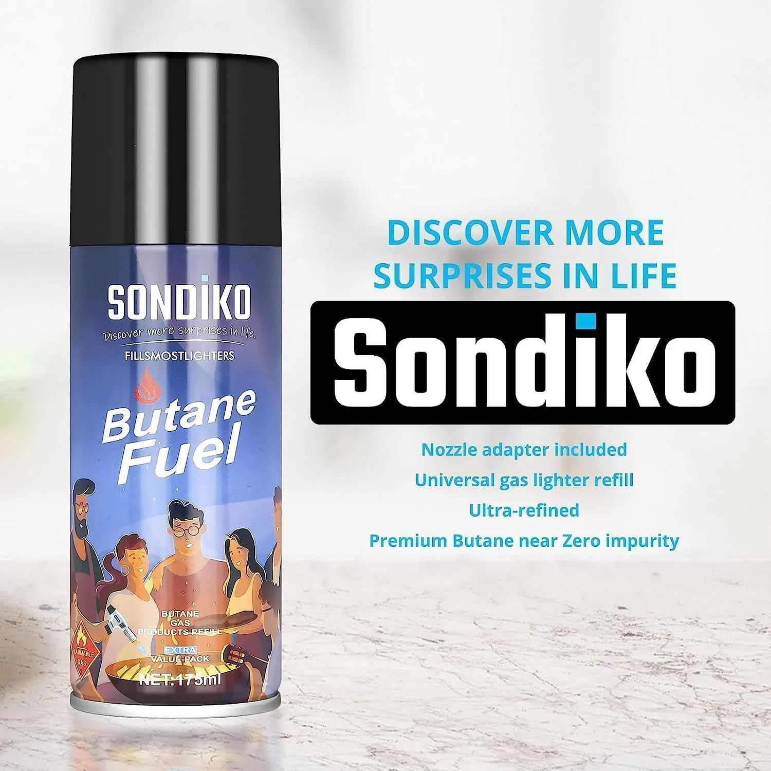 Sondiko Butane Refill, 175 ml, Butane Fuel Refill, Lighter Fluid Refill Canister, Butane Refill for Torch Lighter, Butane Torch, Kitchen Blow Torch(3 Can)