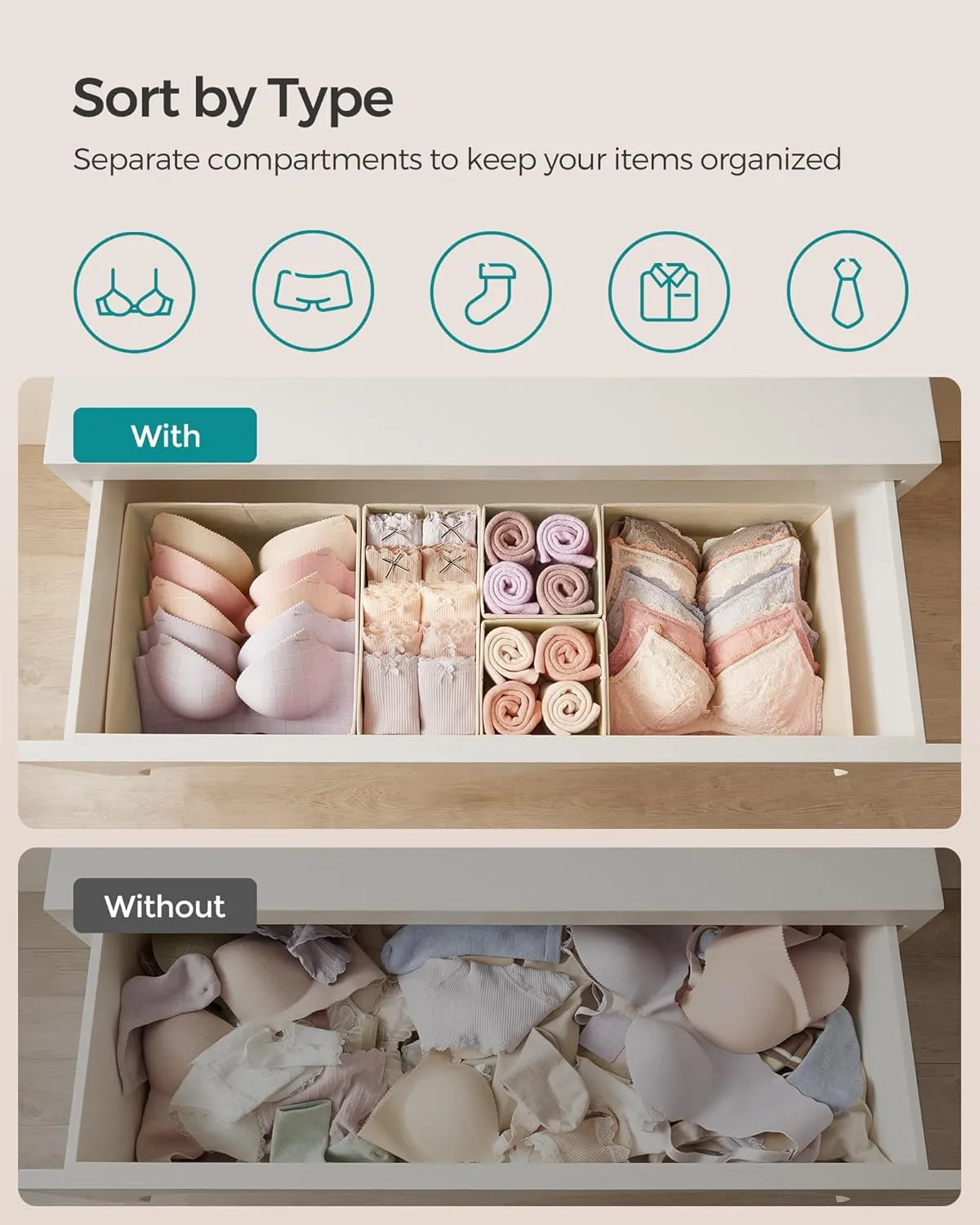 SONGMICS Drawer Organizer, Dresser Drawer Organizers, Set of 6, Foldable Fabric Storage Bins for Socks, Underwear, Bras, Ties, Scarves, Sand Beige URDZ006Y01