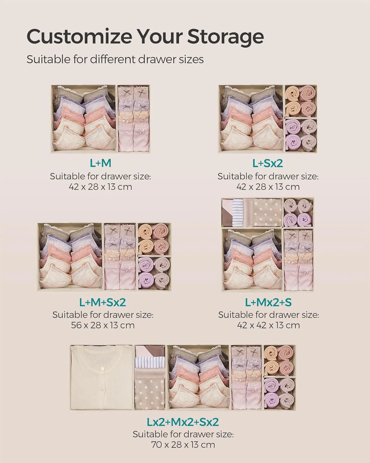 SONGMICS Drawer Organizer, Dresser Drawer Organizers, Set of 6, Foldable Fabric Storage Bins for Socks, Underwear, Bras, Ties, Scarves, Sand Beige URDZ006Y01