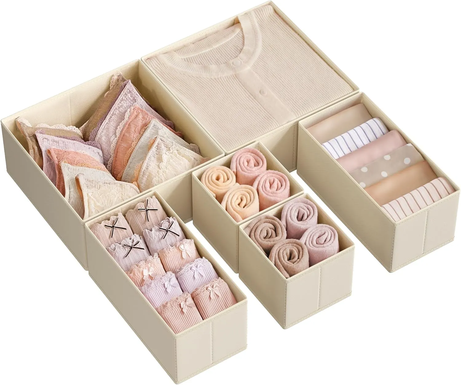 SONGMICS Drawer Organizer, Dresser Drawer Organizers, Set of 6, Foldable Fabric Storage Bins for Socks, Underwear, Bras, Ties, Scarves, Sand Beige URDZ006Y01