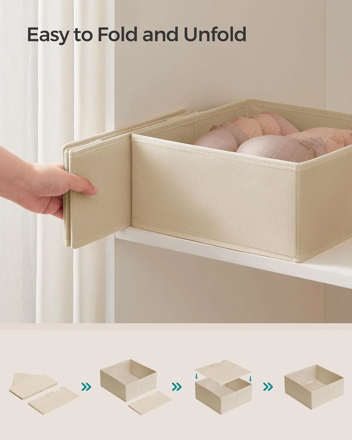 SONGMICS Drawer Organizer, Dresser Drawer Organizers, Set of 6, Foldable Fabric Storage Bins for Socks, Underwear, Bras, Ties, Scarves, Sand Beige URDZ006Y01