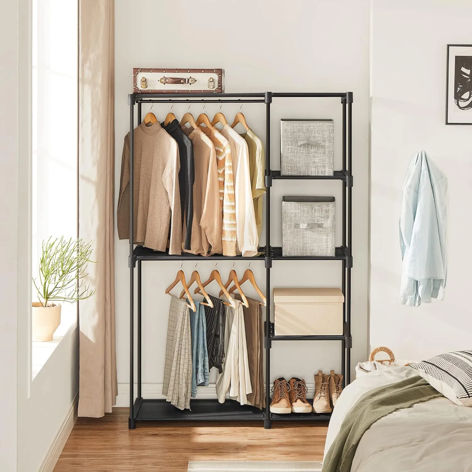 SONGMICS Portable Closet, Freestanding Closet Organizer, Clothes Rack with Shelves, Hanging Rods, Storage Organizer, for Cloakroom, Bedroom, 44.1 x 16.9 x 65 Inches, Black URYG24BK