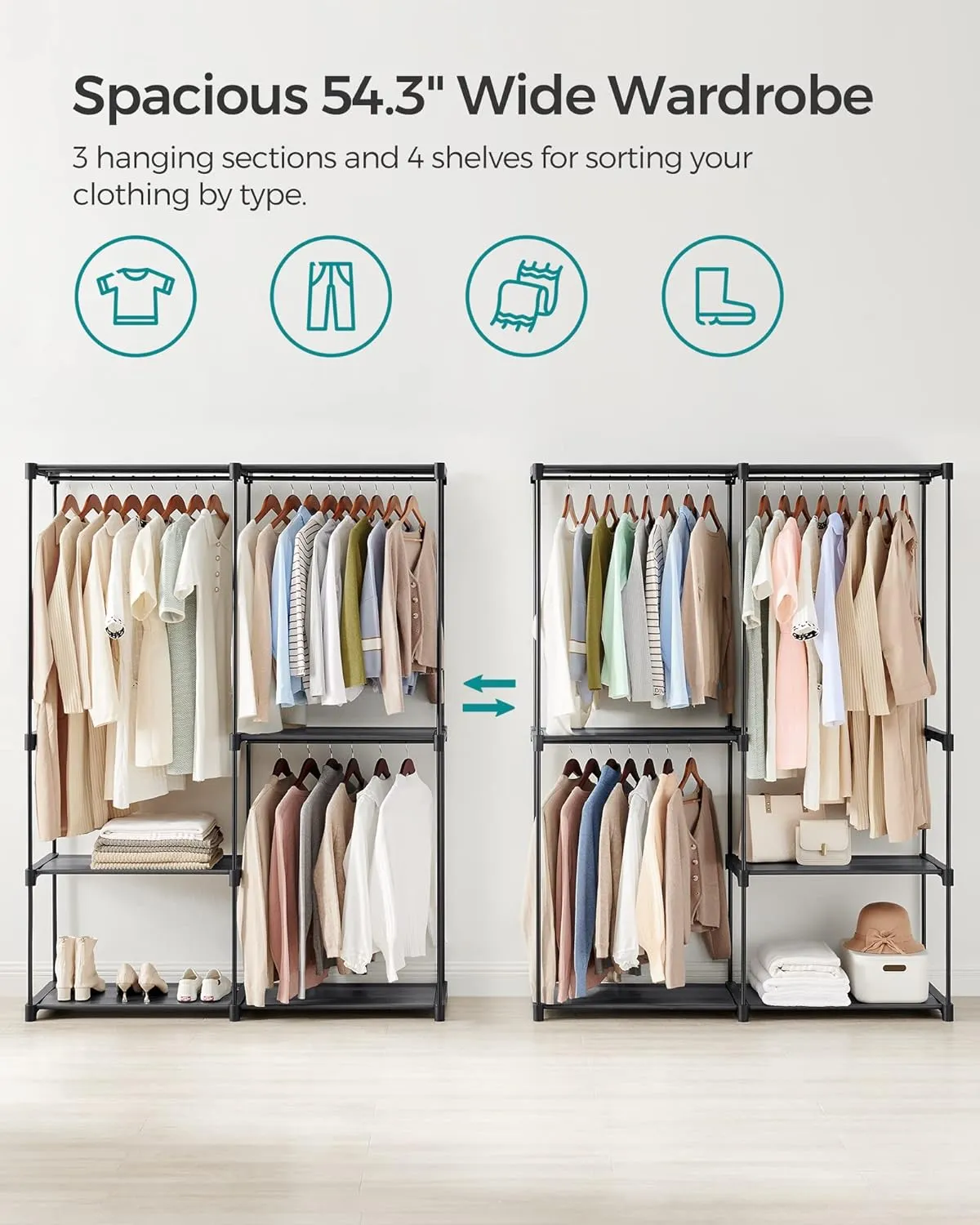 SONGMICS Portable Closet, Freestanding Closet Organizer, Clothes Rack with Shelves, Hanging Rods, Storage Organizer, for Cloakroom, Bedroom, 54.3 x 16.9 x 71.7 Inches, Black URYG025B02