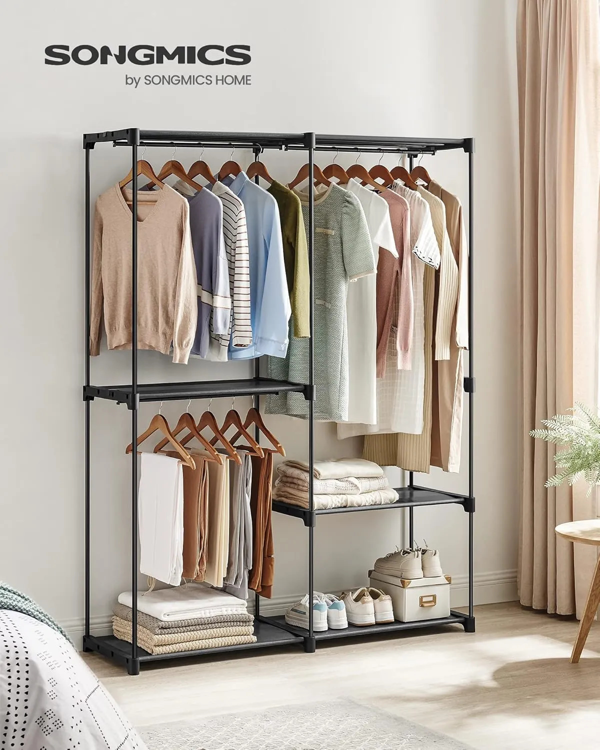 SONGMICS Portable Closet, Freestanding Closet Organizer, Clothes Rack with Shelves, Hanging Rods, Storage Organizer, for Cloakroom, Bedroom, 54.3 x 16.9 x 71.7 Inches, Black URYG025B02