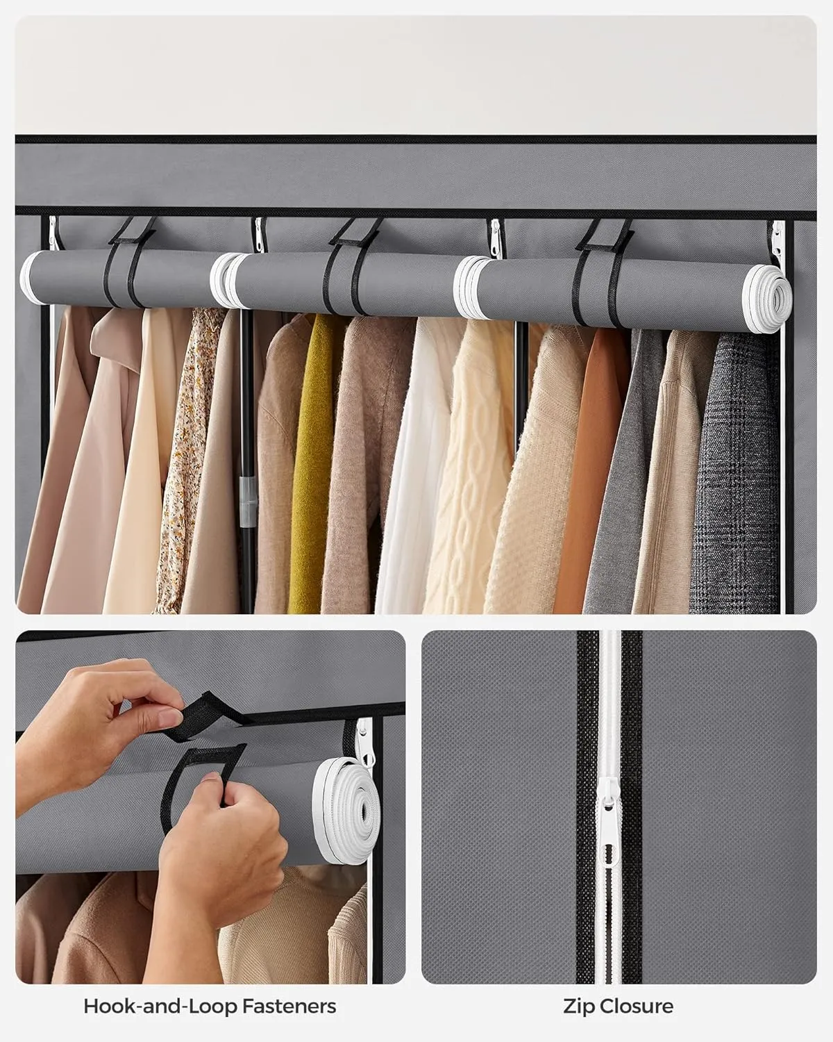 SONGMICS Portable Closet, Wardrobe Closet Organizer with Cover, 3 Hanging Rods and Shelves, 4 Side Pockets, 51.2 x 17.7 x 65.7 Inches, Large Capacity for Bedroom, Living Room, Gray URYG092G02