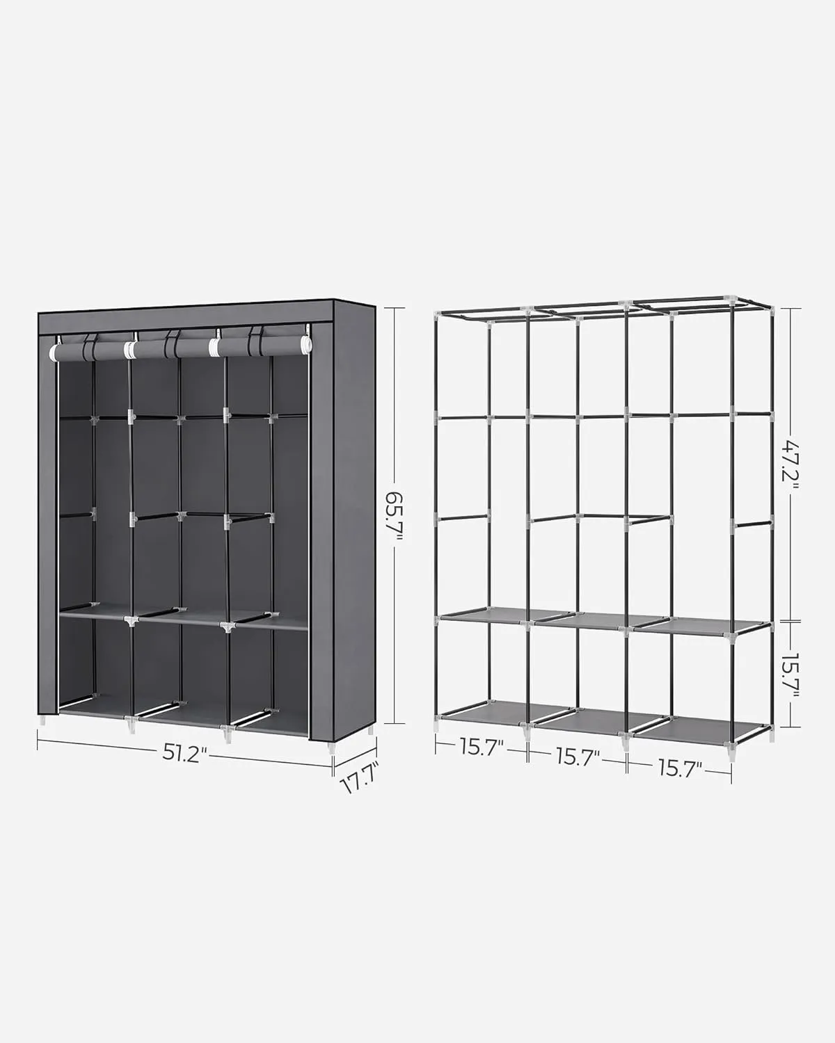 SONGMICS Portable Closet, Wardrobe Closet Organizer with Cover, 3 Hanging Rods and Shelves, 4 Side Pockets, 51.2 x 17.7 x 65.7 Inches, Large Capacity for Bedroom, Living Room, Gray URYG092G02