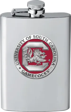 South Carolina Gamecocks Flask | 8 Ounce Liquor Flask Container - Stainless Steel | Intricately Crafted Metal Pewter Alma Mater Inlay