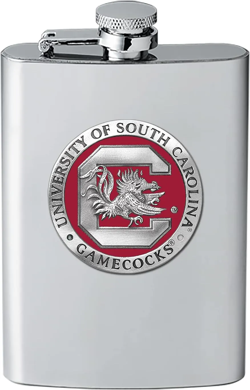 South Carolina Gamecocks Flask | 8 Ounce Liquor Flask Container - Stainless Steel | Intricately Crafted Metal Pewter Alma Mater Inlay