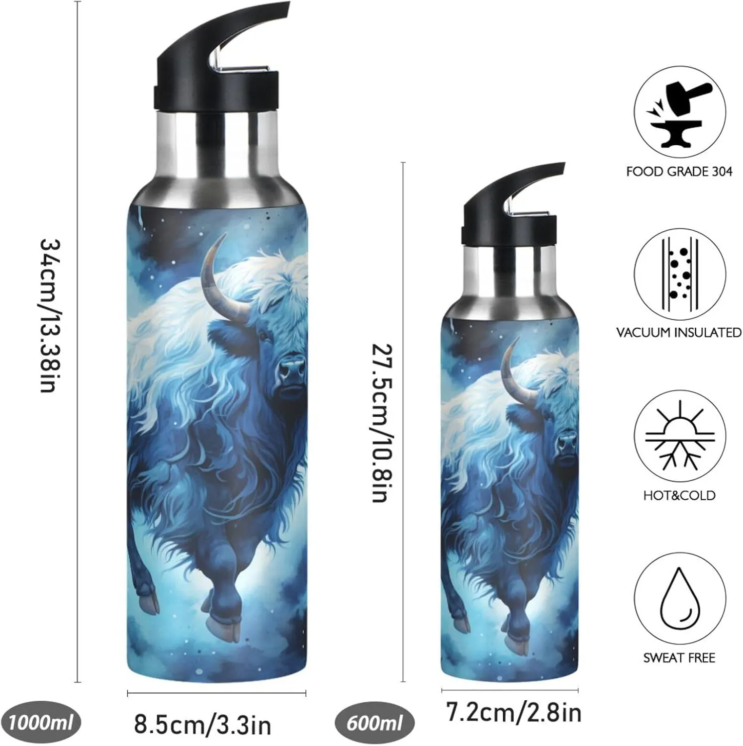 Space Blue Animal Bison Sport Water Bottle Insulated Stainless Steel Large Vacuum Flask Leak Proof Thermos with Straw for Travel(600ml/1000ml)