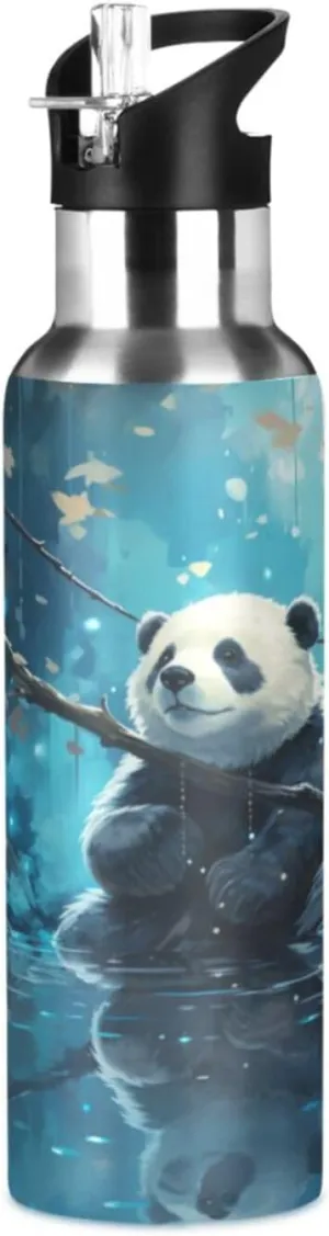 Space Blue Animal Panda Sport Water Bottle Insulated Stainless Steel Large Vacuum Flask Leak Proof Thermos with Straw for Travel(600ml/1000ml)