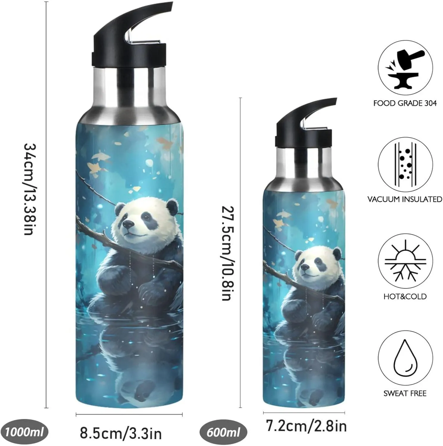 Space Blue Animal Panda Sport Water Bottle Insulated Stainless Steel Large Vacuum Flask Leak Proof Thermos with Straw for Travel(600ml/1000ml)