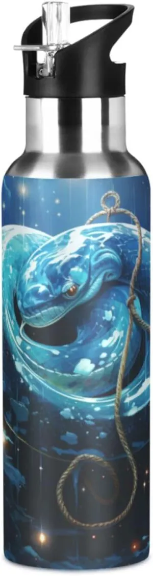 Space Blue Animal Snake Sport Water Bottle Insulated Stainless Steel Large Vacuum Flask Leak Proof Thermos with Straw for Travel(600ml/1000ml)