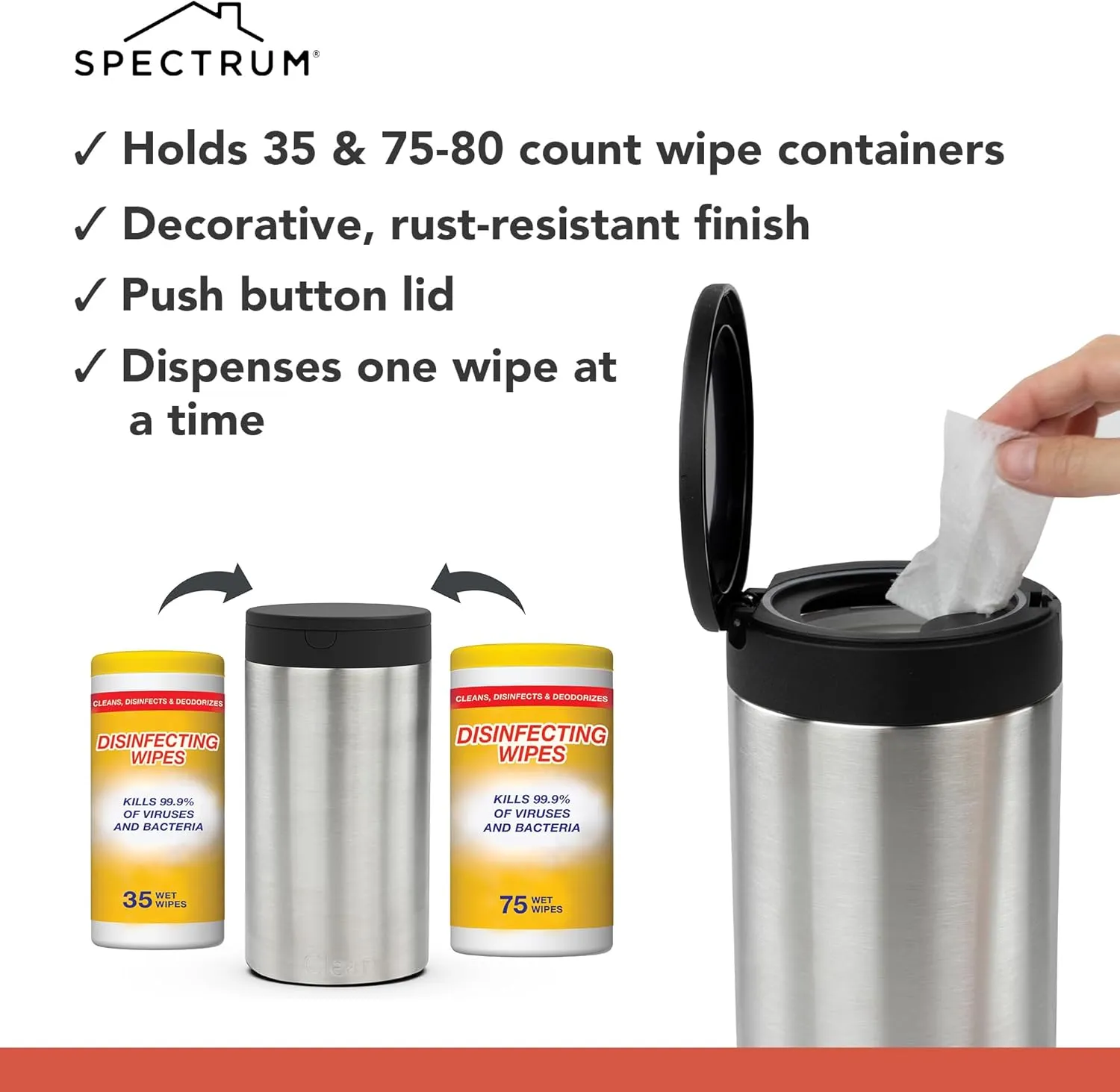 Spectrum Disinfecting Wipes Container with Push Button Lid - Refillable Dispenser for Bathroom, Kitchen, Classroom, Countertop, & Home - Stainless Steel & Rust-Resistant Disinfectant Wipes Holder