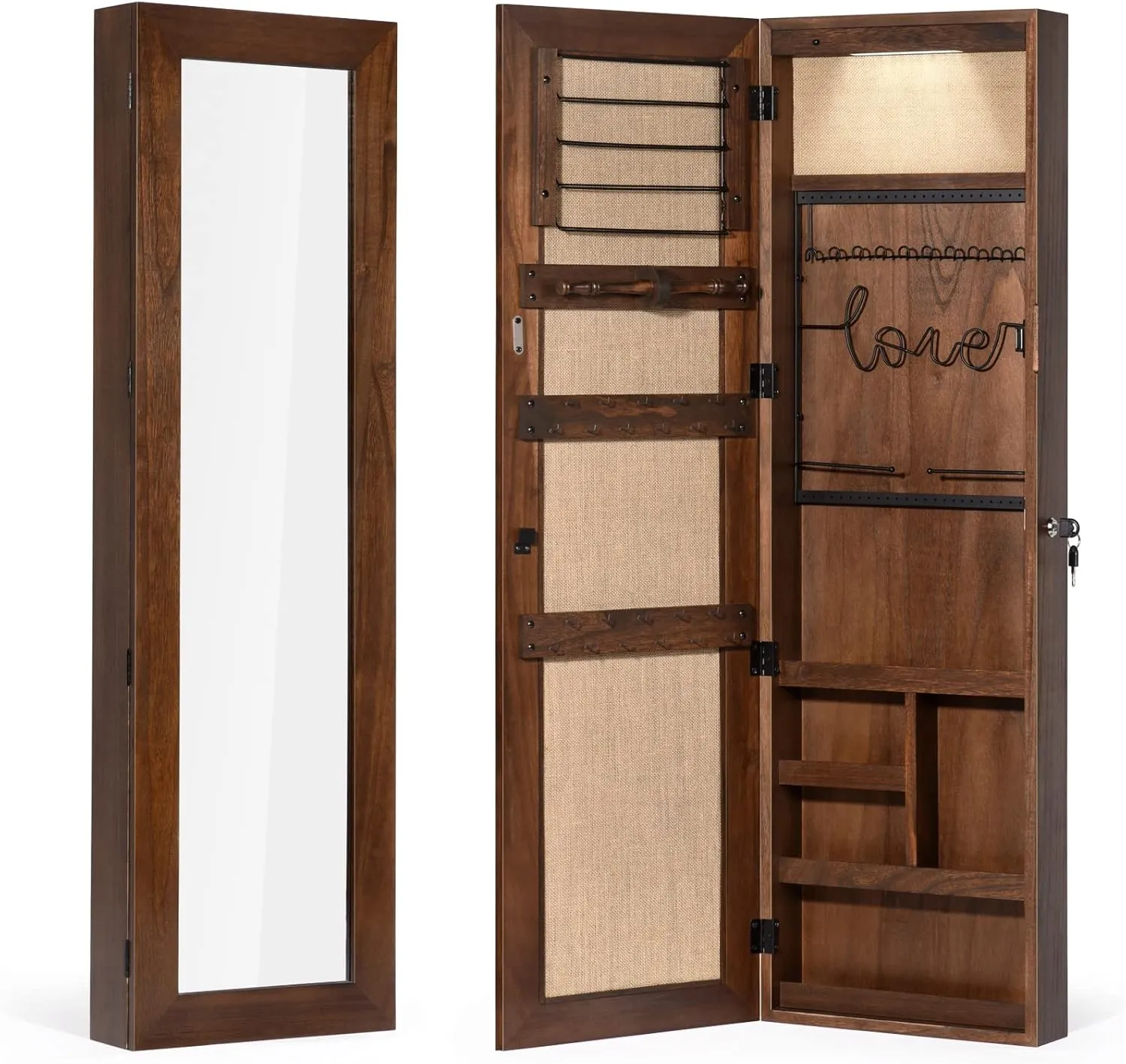 SRIWATANA Jewelry Organizer, Wall/Door Mounted Jewelry Armoire Cabinet with Mirror, Solid Wood(Dark Brown)