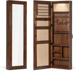 SRIWATANA Jewelry Organizer, Wall/Door Mounted Jewelry Armoire Cabinet with Mirror, Solid Wood(Dark Brown)