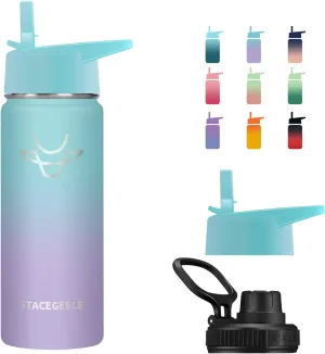STACEGEELE Insulated Vacuum Water Bottle for Kids with Straw Lid Stainless Steel Flask Thermos for Boys and Girls Leak Proof Lightweight Eco Friendly 18oz(550ml),Springbank