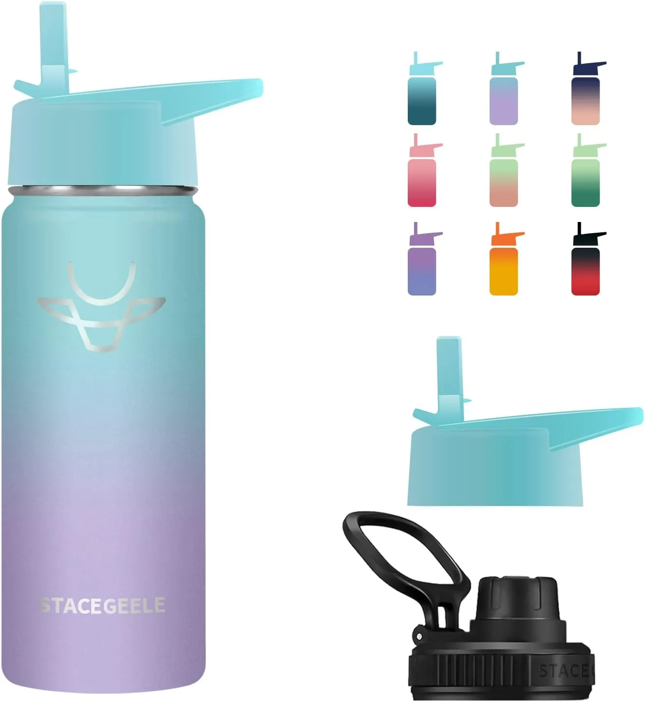 STACEGEELE Insulated Vacuum Water Bottle for Kids with Straw Lid Stainless Steel Flask Thermos for Boys and Girls Leak Proof Lightweight Eco Friendly 18oz(550ml),Springbank