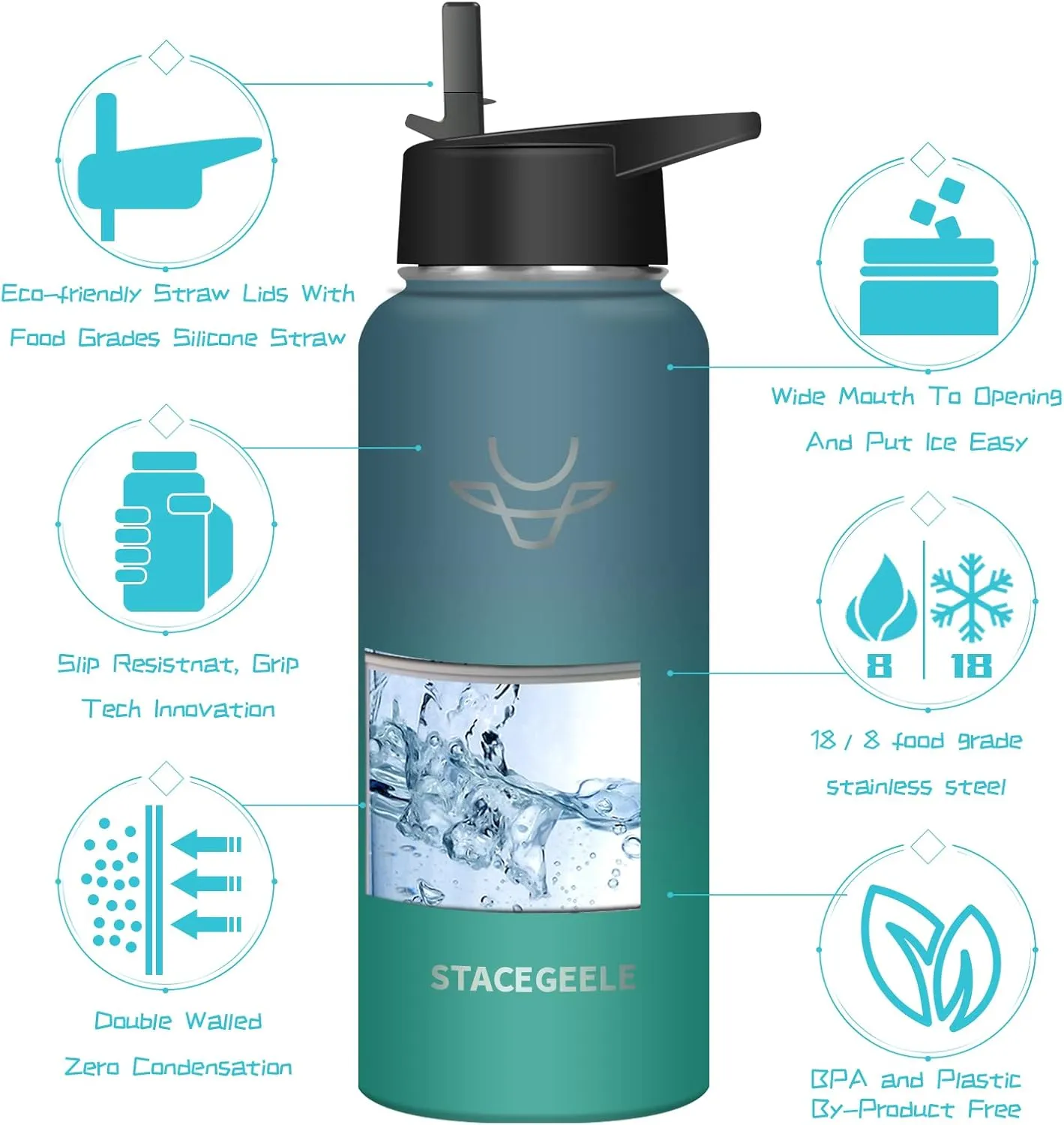 STACEGEELE Insulated Vacuum Water Bottle with Spout Lid & Screw on Top | Stainless Steel Flask for Kids Leak Proof Lightweight Eco Friendly 18oz / 24oz / 32 oz / 40oz(40oz Aurora)