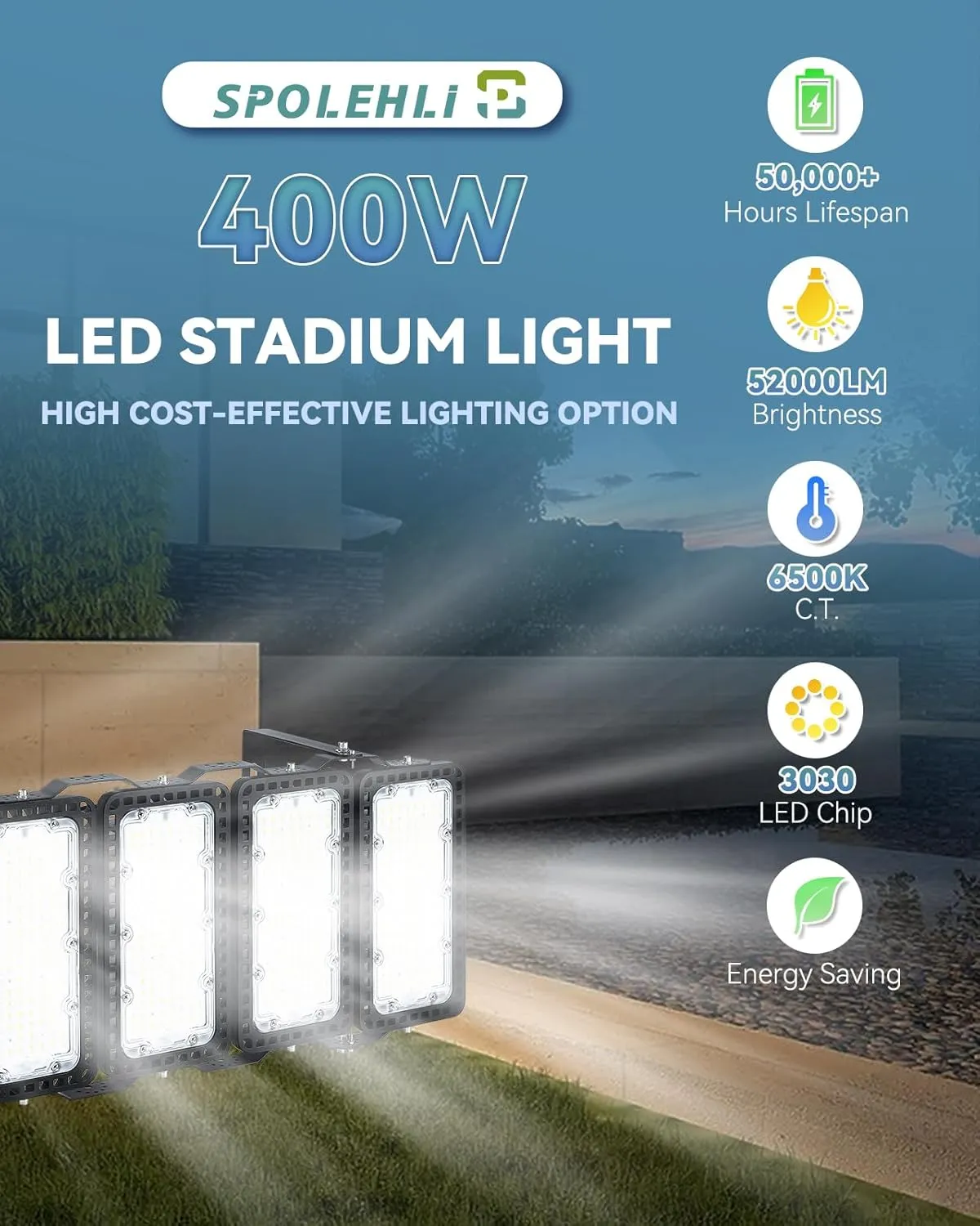 Stadium LED Flood Lights - Rotatable, Adjustable Arena Lighting, 52000LM, 400W Daylight, 5Ft Cable, US Plug, IP66 Waterproof Outdoor High-Intensity Field Light