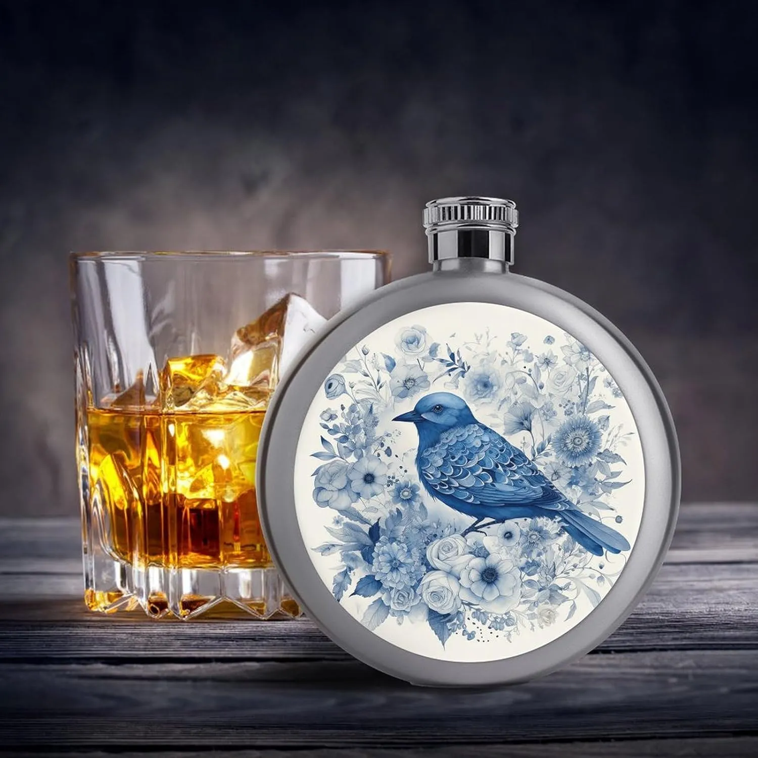 Stainless Steel Flasks for Liquor for Men Women,Bluebird And Flowers Print Round Small Hip Liquor Flask,Portable Cute Funny Wine Whiskey Flask for Gift Camping Outdoor Activitie Wedding Party,5oz