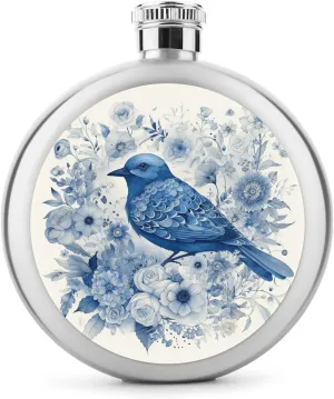 Stainless Steel Flasks for Liquor for Men Women,Bluebird And Flowers Print Round Small Hip Liquor Flask,Portable Cute Funny Wine Whiskey Flask for Gift Camping Outdoor Activitie Wedding Party,5oz