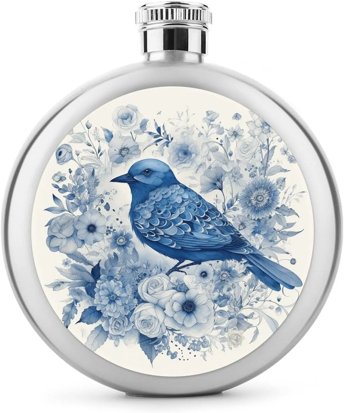 Stainless Steel Flasks for Liquor for Men Women,Bluebird And Flowers Print Round Small Hip Liquor Flask,Portable Cute Funny Wine Whiskey Flask for Gift Camping Outdoor Activitie Wedding Party,5oz