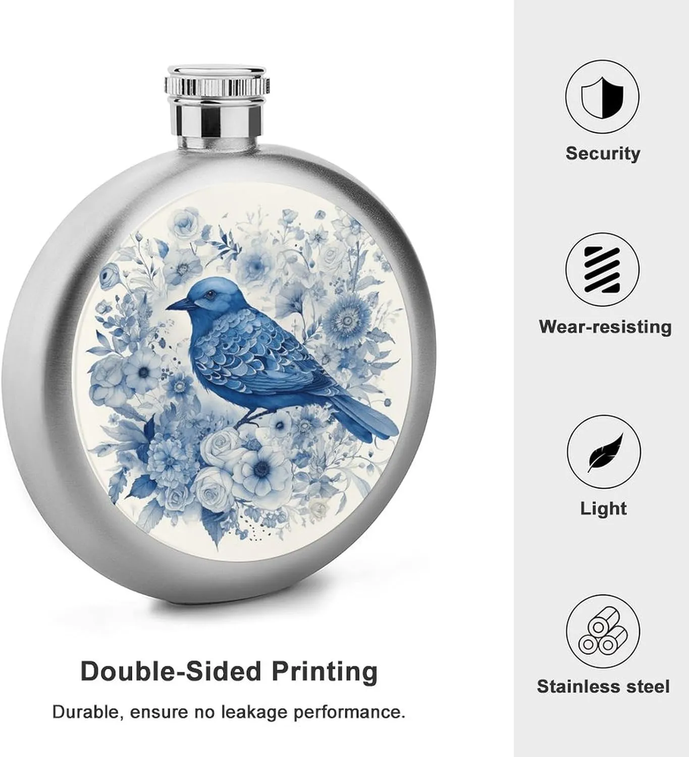 Stainless Steel Flasks for Liquor for Men Women,Bluebird And Flowers Print Round Small Hip Liquor Flask,Portable Cute Funny Wine Whiskey Flask for Gift Camping Outdoor Activitie Wedding Party,5oz