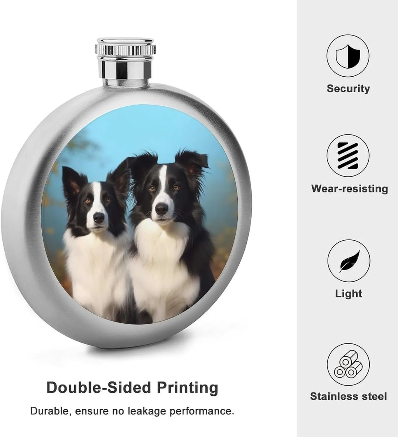 Stainless Steel Flasks for Liquor for Men Women,Border Collie Print Round Small Hip Liquor Flask,Portable Cute Funny Wine Whiskey Flask for Gift Camping Outdoor Activitie Wedding Party,5oz