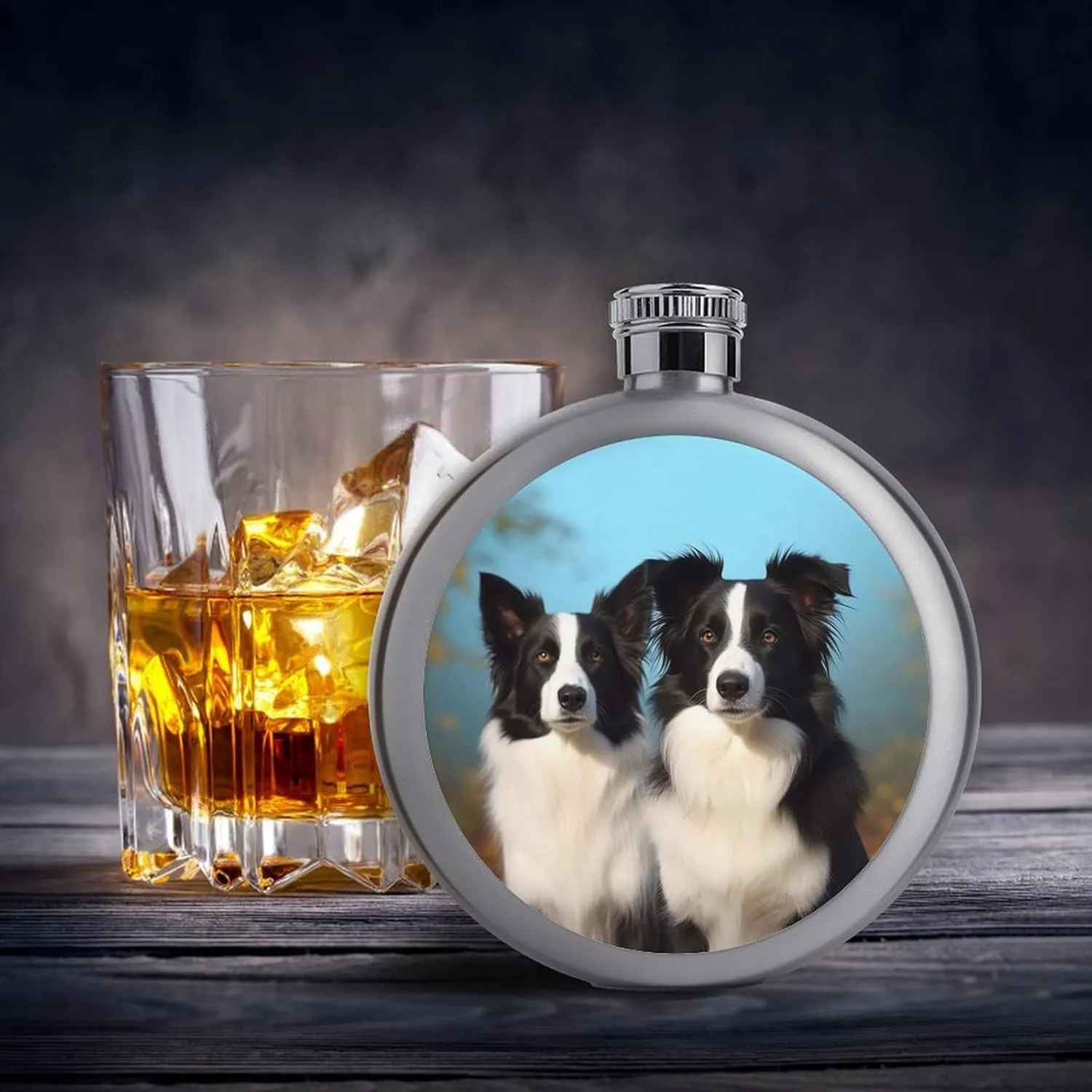 Stainless Steel Flasks for Liquor for Men Women,Border Collie Print Round Small Hip Liquor Flask,Portable Cute Funny Wine Whiskey Flask for Gift Camping Outdoor Activitie Wedding Party,5oz