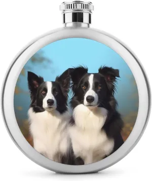Stainless Steel Flasks for Liquor for Men Women,Border Collie Print Round Small Hip Liquor Flask,Portable Cute Funny Wine Whiskey Flask for Gift Camping Outdoor Activitie Wedding Party,5oz