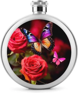 Stainless Steel Flasks for Liquor for Men Women,Butterfly And Rose Print Round Small Hip Liquor Flask,Portable Cute Funny Wine Whiskey Flask for Gift Camping Outdoor Activitie Wedding Party,5oz