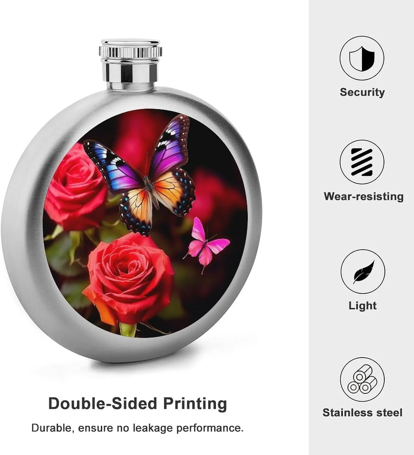 Stainless Steel Flasks for Liquor for Men Women,Butterfly And Rose Print Round Small Hip Liquor Flask,Portable Cute Funny Wine Whiskey Flask for Gift Camping Outdoor Activitie Wedding Party,5oz