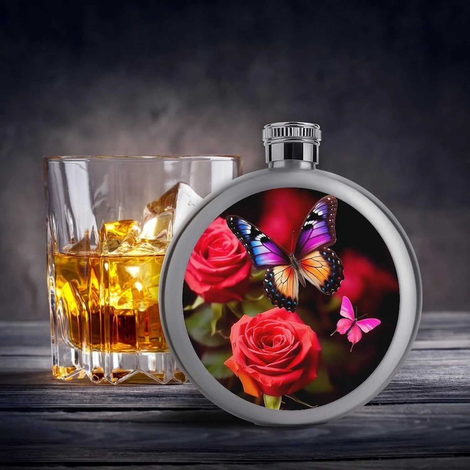Stainless Steel Flasks for Liquor for Men Women,Butterfly And Rose Print Round Small Hip Liquor Flask,Portable Cute Funny Wine Whiskey Flask for Gift Camping Outdoor Activitie Wedding Party,5oz