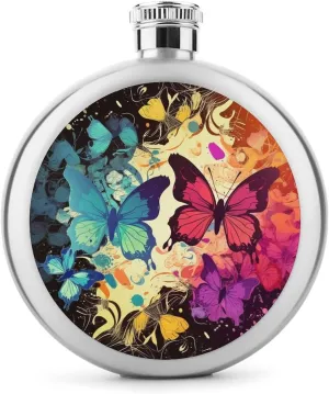 Stainless Steel Flasks for Liquor for Men Women,Colorful Butterfly Pattern Print Round Small Hip Liquor Flask,Portable Cute Funny Wine Whiskey Flask for Gift Camping Outdoor Activitie Wedding Party,5o