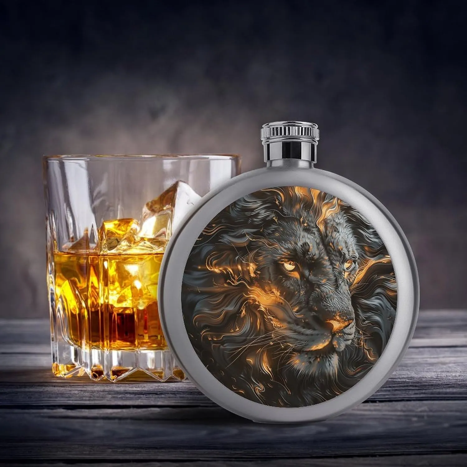 Stainless Steel Flasks for Liquor for Men Women,Lion with Fire Print Round Small Hip Liquor Flask,Portable Cute Funny Wine Whiskey Flask for Gift Camping Outdoor Activitie Wedding Party,5oz