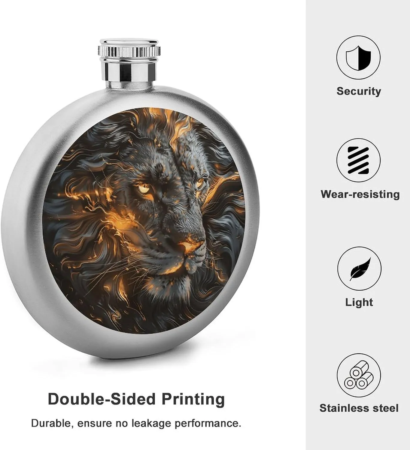 Stainless Steel Flasks for Liquor for Men Women,Lion with Fire Print Round Small Hip Liquor Flask,Portable Cute Funny Wine Whiskey Flask for Gift Camping Outdoor Activitie Wedding Party,5oz