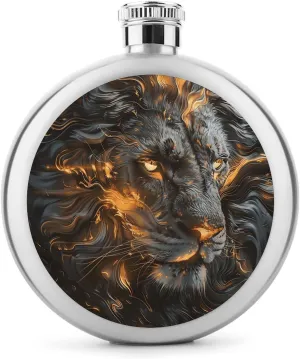 Stainless Steel Flasks for Liquor for Men Women,Lion with Fire Print Round Small Hip Liquor Flask,Portable Cute Funny Wine Whiskey Flask for Gift Camping Outdoor Activitie Wedding Party,5oz