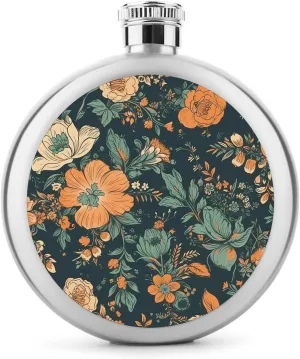 Stainless Steel Flasks for Liquor for Men Women,Orange And Green Flowers Print Round Small Hip Liquor Flask,Portable Cute Funny Wine Whiskey Flask for Gift Camping Outdoor Activitie Wedding Party,5oz
