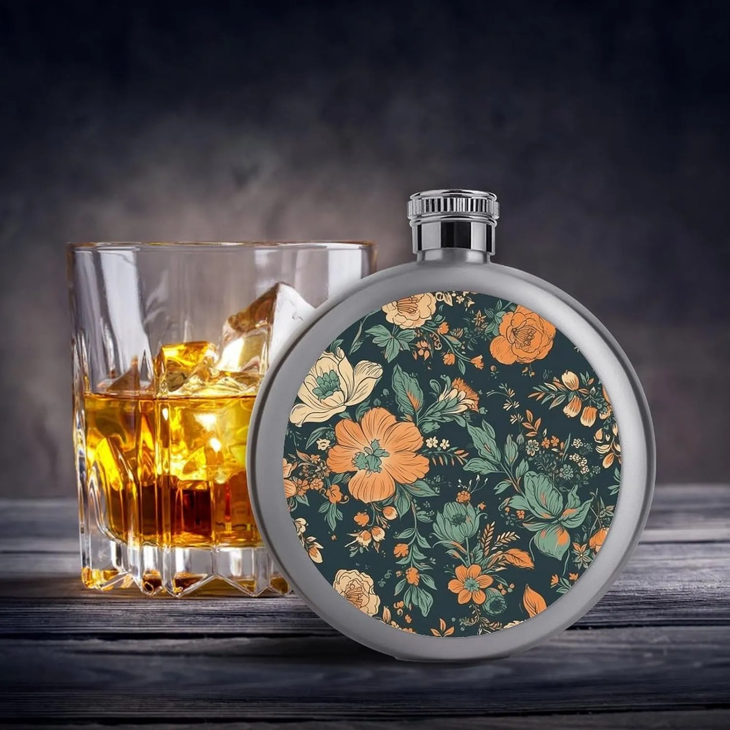 Stainless Steel Flasks for Liquor for Men Women,Orange And Green Flowers Print Round Small Hip Liquor Flask,Portable Cute Funny Wine Whiskey Flask for Gift Camping Outdoor Activitie Wedding Party,5oz
