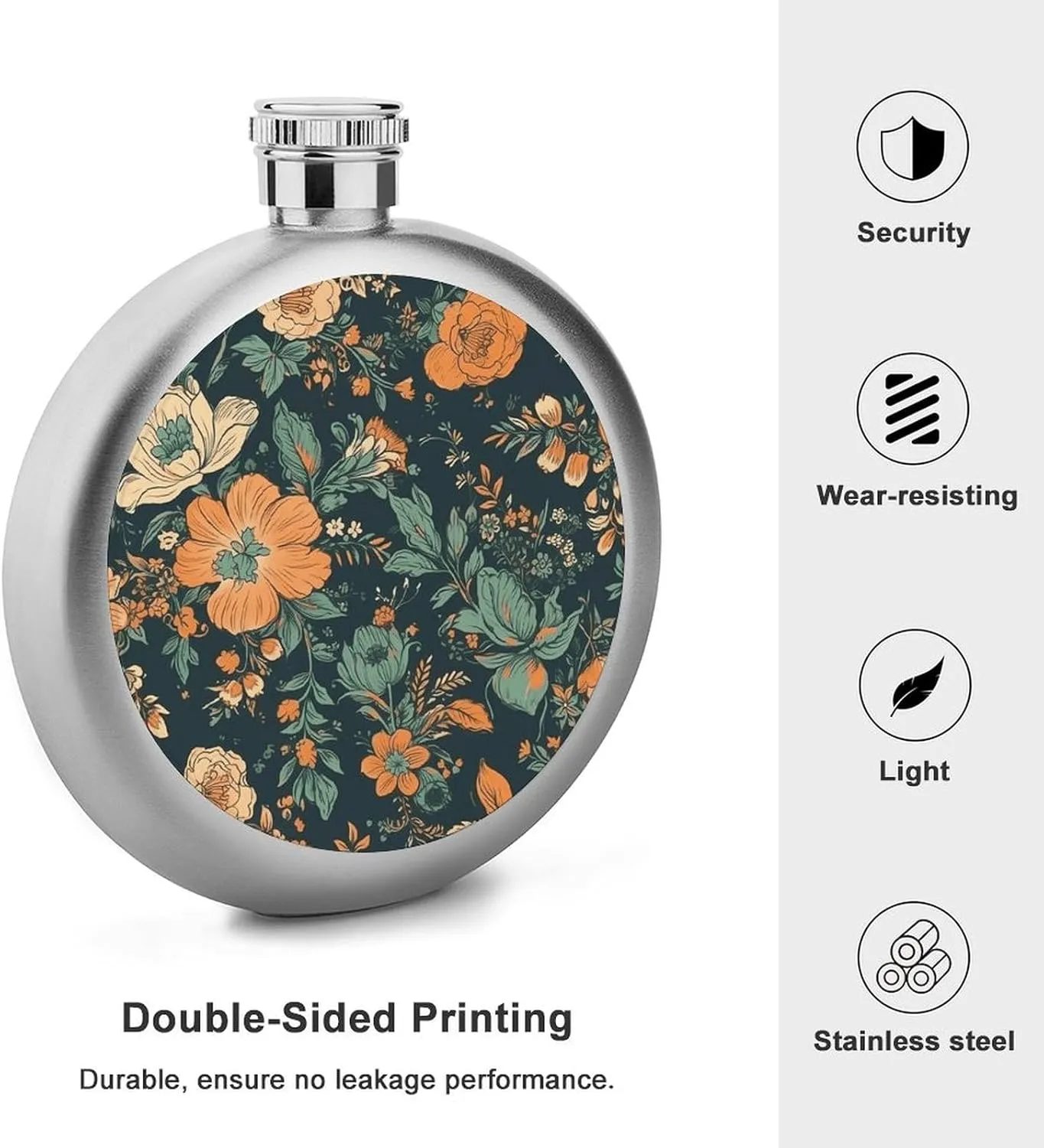 Stainless Steel Flasks for Liquor for Men Women,Orange And Green Flowers Print Round Small Hip Liquor Flask,Portable Cute Funny Wine Whiskey Flask for Gift Camping Outdoor Activitie Wedding Party,5oz
