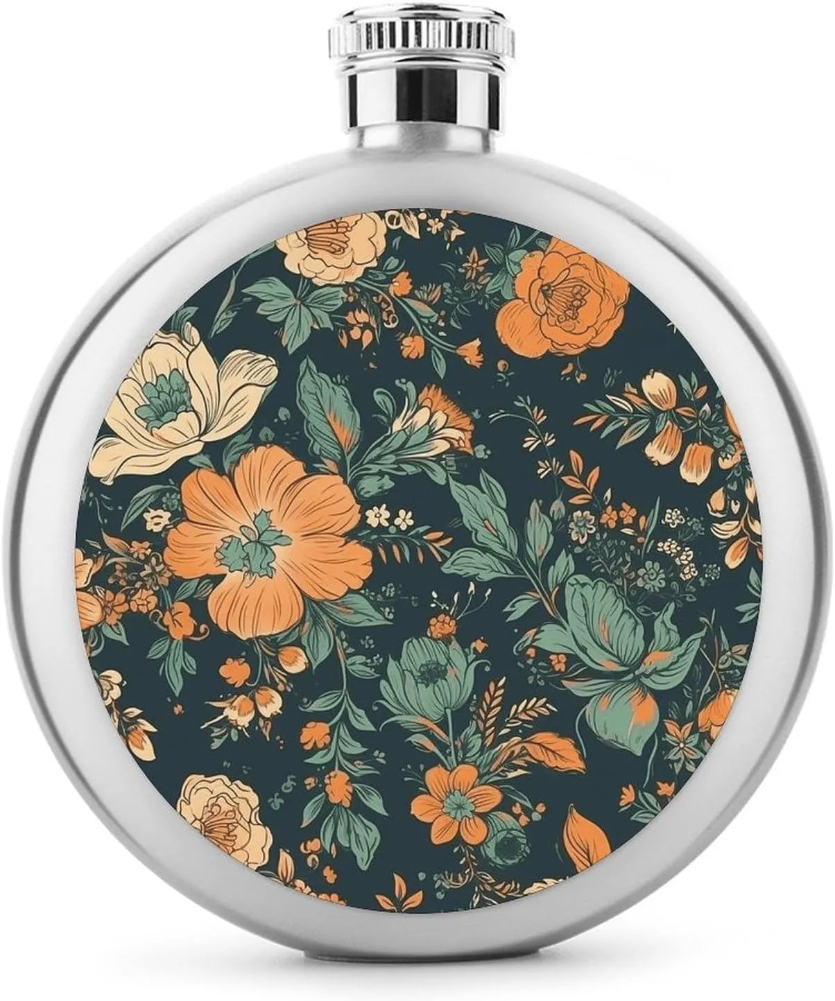 Stainless Steel Flasks for Liquor for Men Women,Orange And Green Flowers Print Round Small Hip Liquor Flask,Portable Cute Funny Wine Whiskey Flask for Gift Camping Outdoor Activitie Wedding Party,5oz