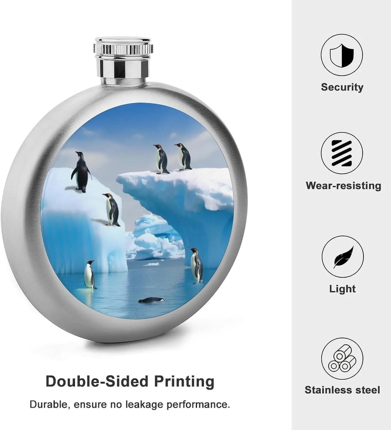 Stainless Steel Flasks for Liquor for Men Women,Penguins On The Iceberg Print Round Small Hip Liquor Flask,Portable Cute Funny Wine Whiskey Flask for Gift Camping Outdoor Activitie Wedding Party,5oz