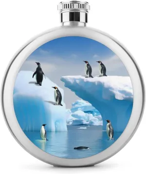 Stainless Steel Flasks for Liquor for Men Women,Penguins On The Iceberg Print Round Small Hip Liquor Flask,Portable Cute Funny Wine Whiskey Flask for Gift Camping Outdoor Activitie Wedding Party,5oz