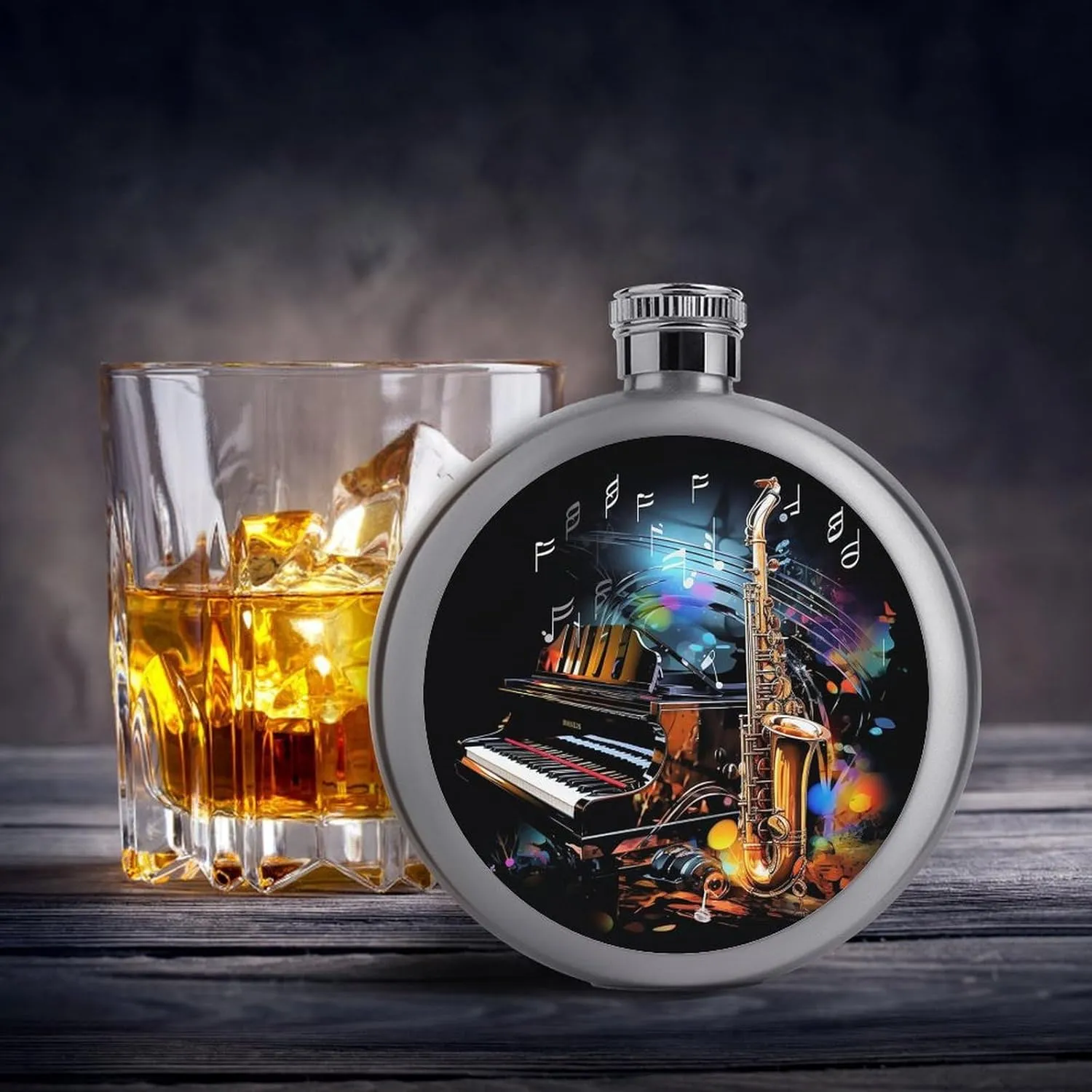 Stainless Steel Flasks for Liquor for Men Women,Saxophone And Piano Print Round Small Hip Liquor Flask,Portable Cute Funny Wine Whiskey Flask for Gift Camping Outdoor Activitie Wedding Party,5oz